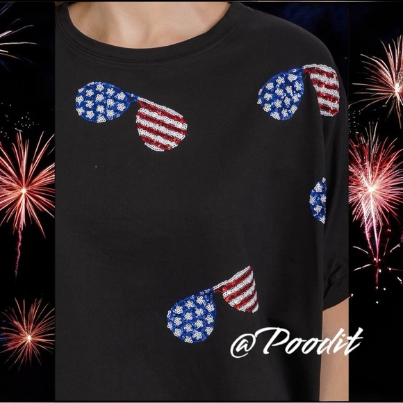 FANTASTIC FAWN patriotic sequin sunglasses  oversized top S M L - Picture 3 of 7
